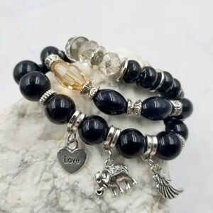 Boho Beaded Stretch Bracelet 3 Piece Set - Black | Vertical Collection | NEW